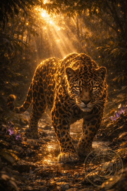 KAELITH — The Solar Sentinel, mythic jaguar guardian artwork, limited edition canvas by Canvas Enchanted Studio